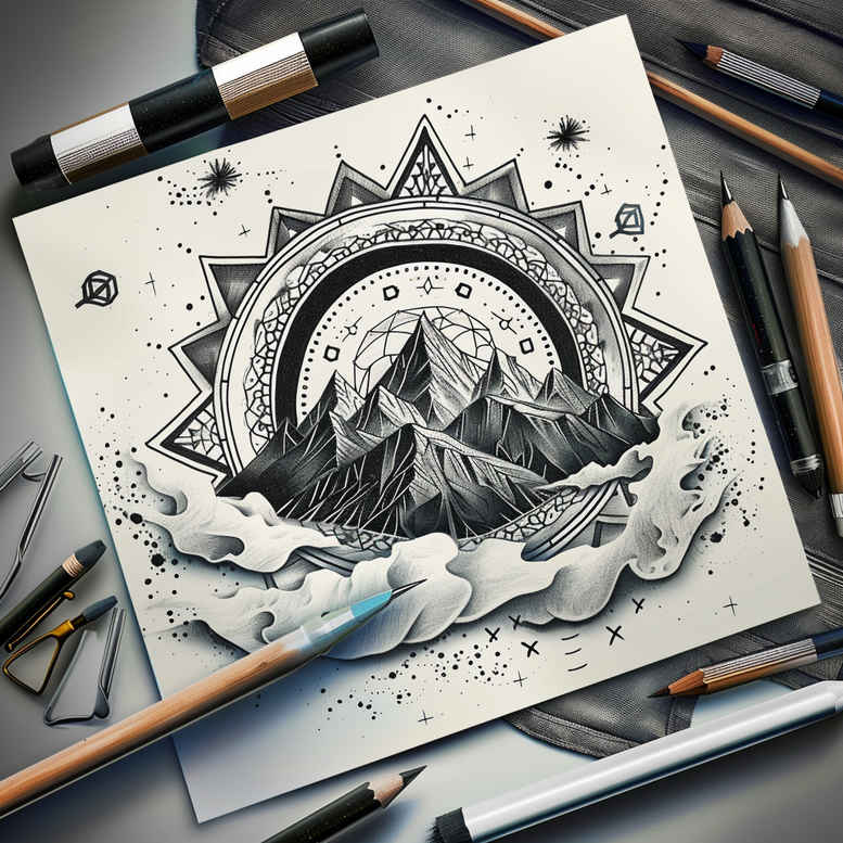 geometric-patterns-on-body – tattoo design ideas free ai generated – ornamental-rays – for-lower-leg – Gallery: nature-and-geometry-inkby-ai