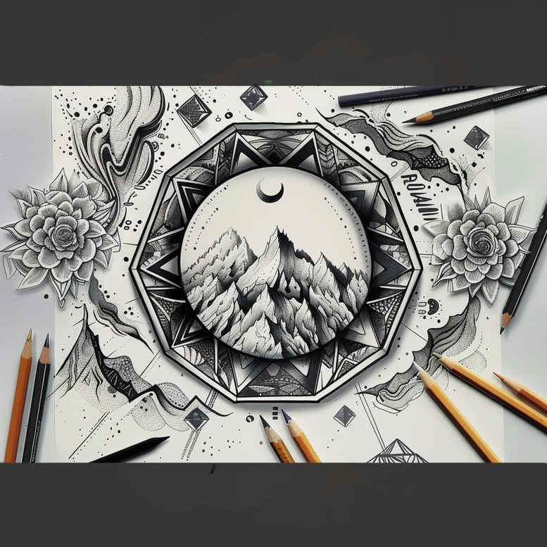 nature-and-geometry tattoo design ideas Surrealism fantastical hexagon for toe