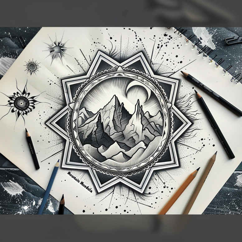 nature-and-geometry tattoo design ideas Realism reflection effect straight lines embodying courage