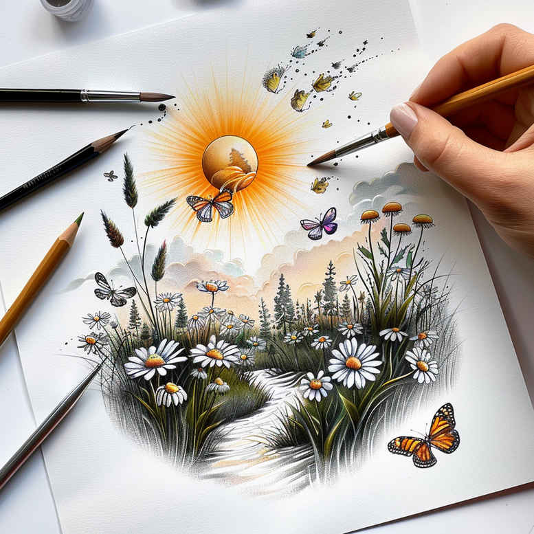 Colorful watercolor study featuring a daisy, sun, butterfly, skyline, grass, hand, brush, and pencil; project idea; suitable for cover-up.