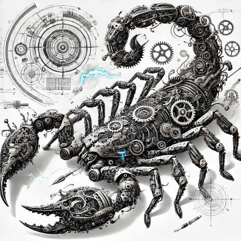 Scorpion with gears and circular clockwork in black and grey; project idea, suitable for cover-up.