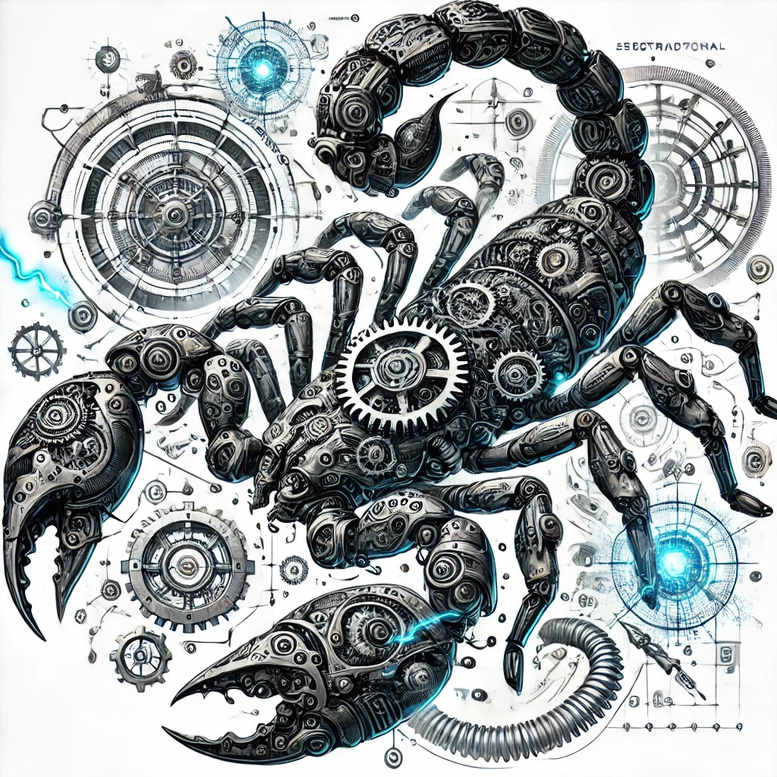 Black and grey scorpion tattoo project with gear, circle, orb elements and blue accents; ideal cover-up option.