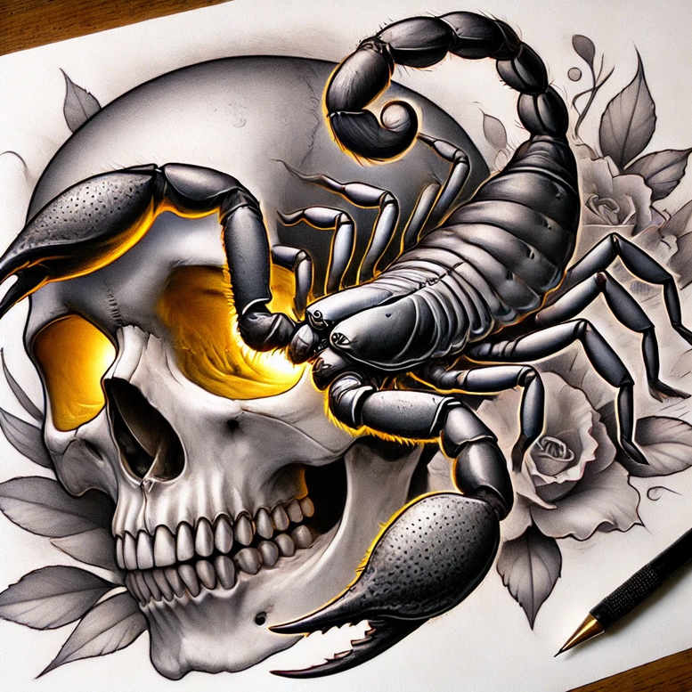 Skull, scorpion, and rose in black and grey ink; tattoo design concept, ideal for a cover-up.