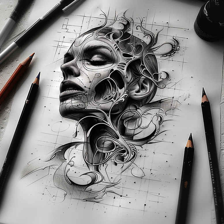 Face of a woman with flowing hair and petals in black and grey linework; AI-generated tattoo project concept; ideal for cover-up.