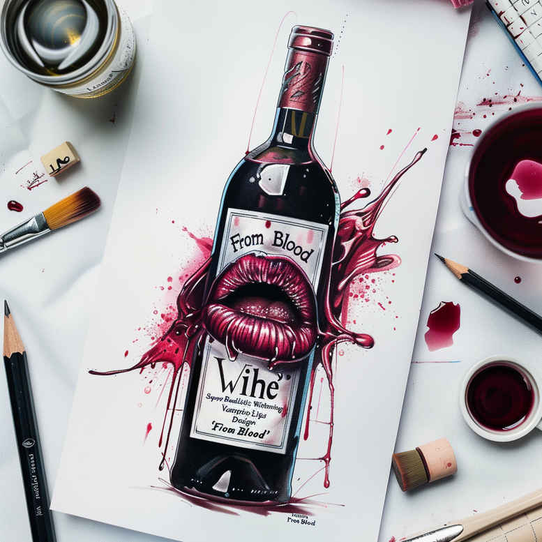 Bottle with red lip print wrapped around its body on a white surface; cork, brush, and pencil nearby; AI-generated tattoo project, cover-up ready.
