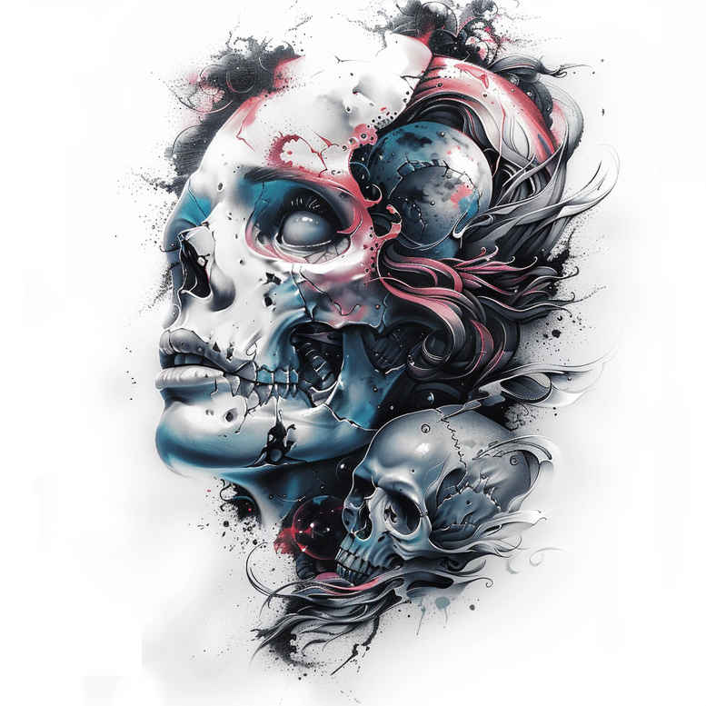Skull with blue-gray shading paired with a blue-gray flower and smoky accents in a black and grey tattoo design; AI-generated tattoo project; suitable for cover-up.