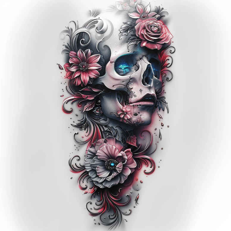 Skull with pink roses in black and grey, blue eye sockets, leaves and petals; project for cover-up.