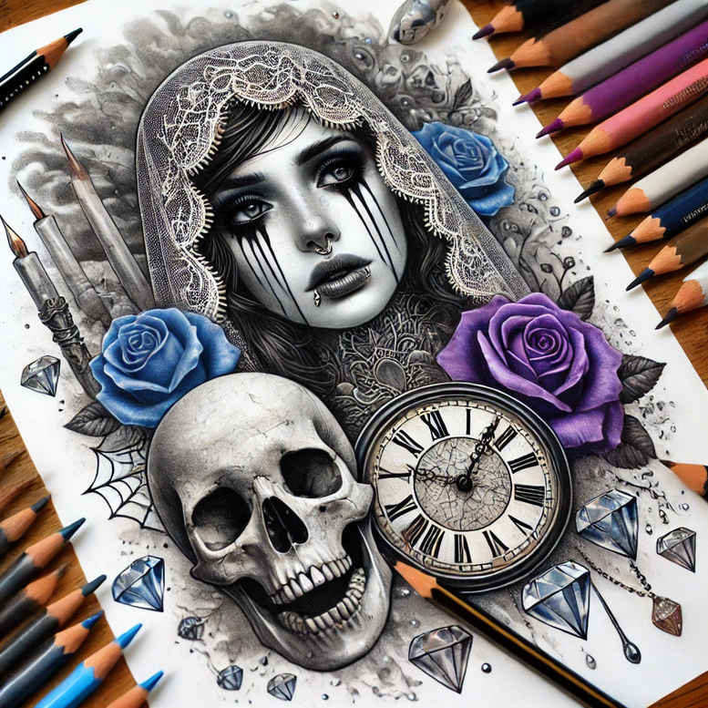 Black and grey tattoo design concept featuring skull, clock, portrait with lace veil, blue rose, purple rose; project for a cover-up.