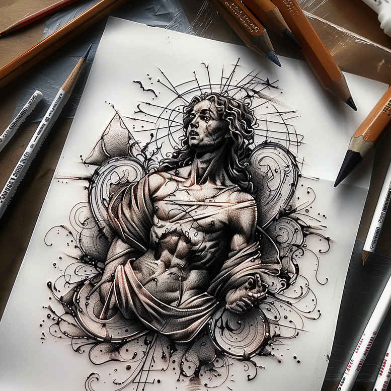 Figure in black and grey ink with sunburst halo on paper; robe drapery, pencils around the sketch; AI-generated tattoo project; cover-up ready.