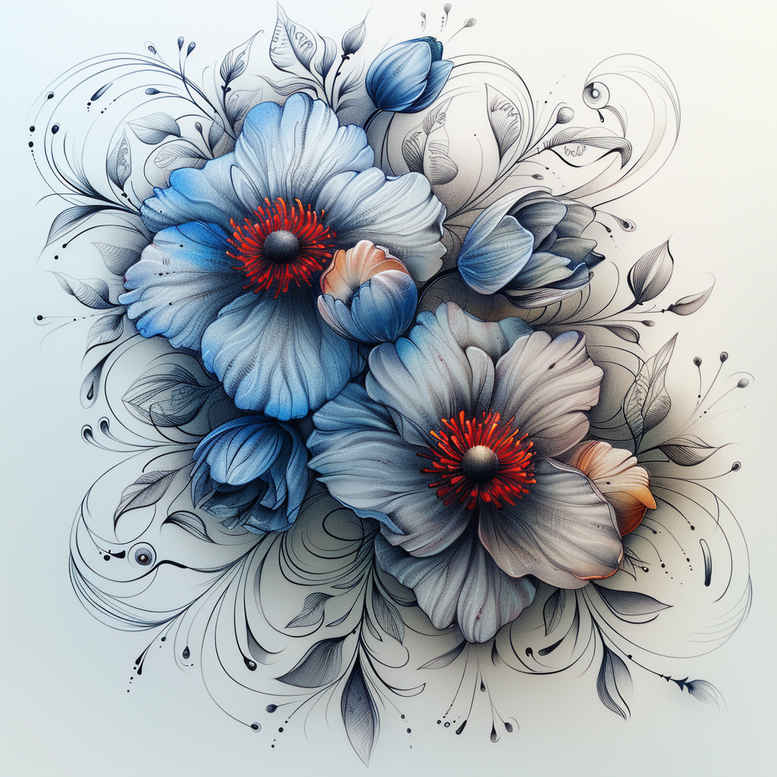 flowers-with-contour – tattoo design ideas free ai generated – realism-contrast-play – for-lower-leg – Gallery: other-flowers-inkby-ai