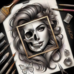 artistic-detail-skull-tattoo – tattoo design ideas free ai generated – evil-grin – for-biceps – Gallery: skulls-inkby-ai