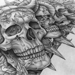 courage-symbol-skull-tattoo – tattoo design ideas free ai generated – distorted – for-scapula – Gallery: skulls-inkby-ai