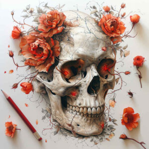 courage-symbol-skull-tattoo – tattoo design ideas free ai generated – haunting – for-lower-thigh – Gallery: skulls-inkby-ai
