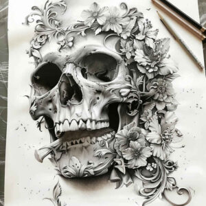mystery-motif-skull-tattoo – tattoo design ideas free ai generated – crypt – for-side-torso – Gallery: skulls-inkby-ai