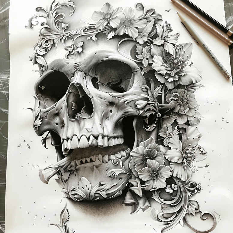 mystery-motif-skull-tattoo – tattoo design ideas free ai generated – crypt – for-side-torso – Gallery: skulls-inkby-ai