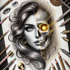 mystical-symbol-skull-tattoo – tattoo design ideas free ai generated – shadowy – for-back-of-neck – Gallery: skulls-inkby-ai
