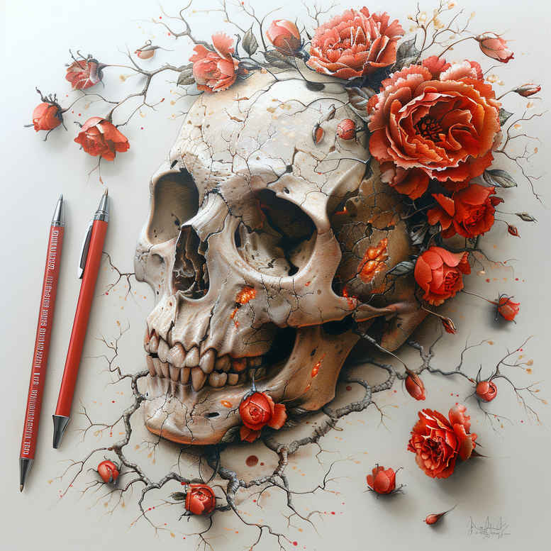 Colorful skull and rose tattoo project idea with pencils; realistic, color image; not ideal for cover-up.