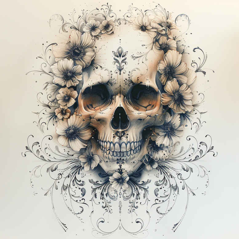 Skull with floral filigree in black and grey; tattoo project idea, cover-up suitable.