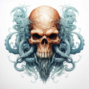 Skull and teal tentacles, color tattoo design idea; AI-generated project; cover-up suitable.