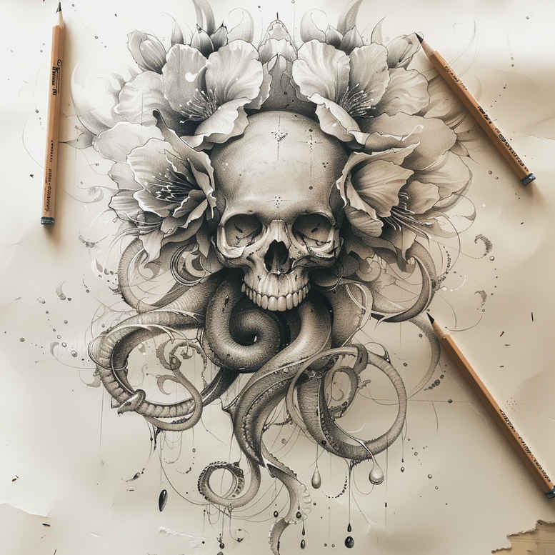 Skull centered with a floral crown, twisting vines and ornamental pattern swirls in black and grey; tattoo project idea suitable for cover-up.