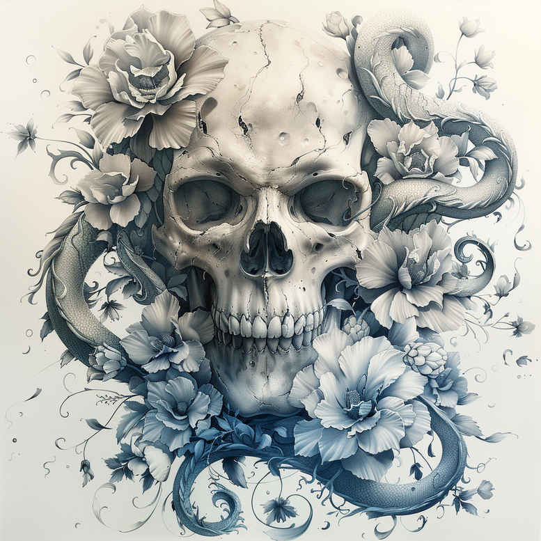 Skull, roses, and tentacle in black and grey; tattoo design project suitable for cover-up.