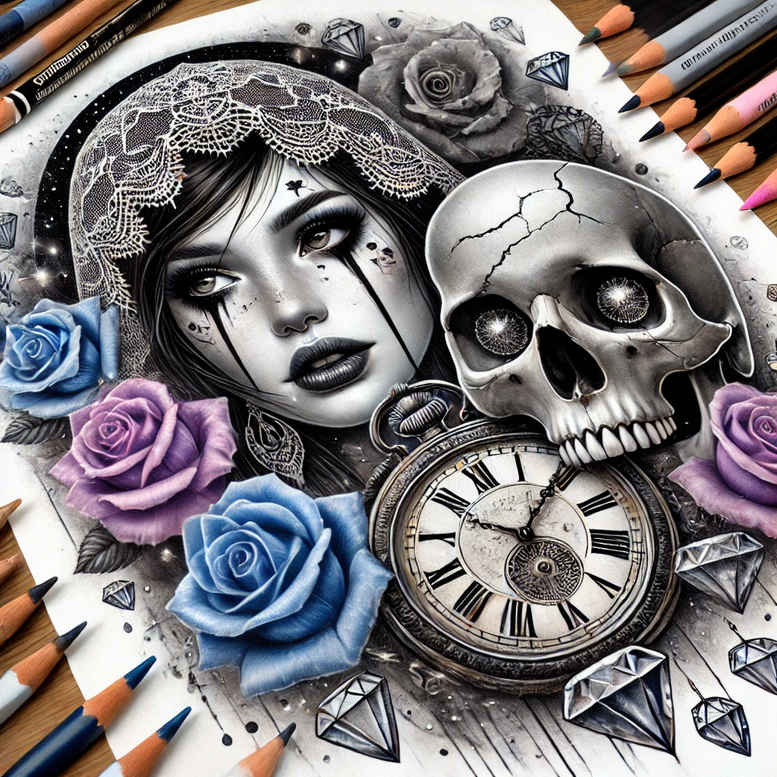 Portrait of a woman with skull, ornate clock, and blue and purple roses; pencil outlines in a black and grey shading scene; project idea for cover-up tattoo.