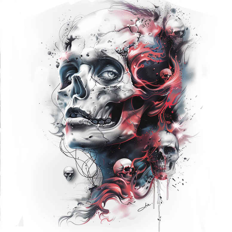 Skull and smoky watercolor elements in black and grey with red and blue accents; AI-generated tattoo project; cover-up-ready.