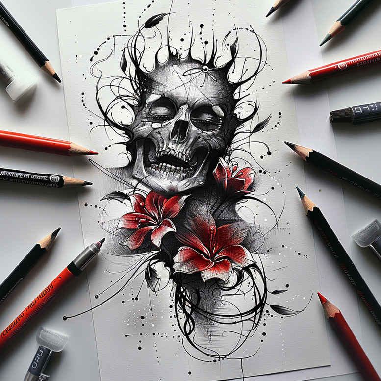 Skull with flames and a bouquet of red roses on white paper, surrounded by pencils; black and grey ink; tattoo design concept, AI-generated, suitable for a cover-up.