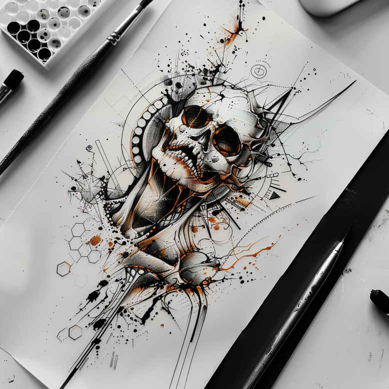 Skull with watercolor splashes on a notebook page, black and grey, project; suitable for cover-up.