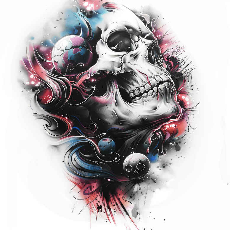 Skull with pink and blue roses amid watercolor splashes in black and grey shading; tattoo design concept; cover-up-ready.
