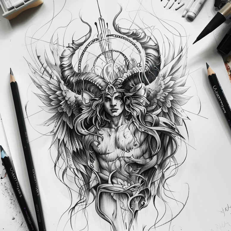 ornamental-figure-tattoo – tattoo design ideas free ai generated – twisted – for-chest – Gallery: surrealistic-characters-inkby-ai