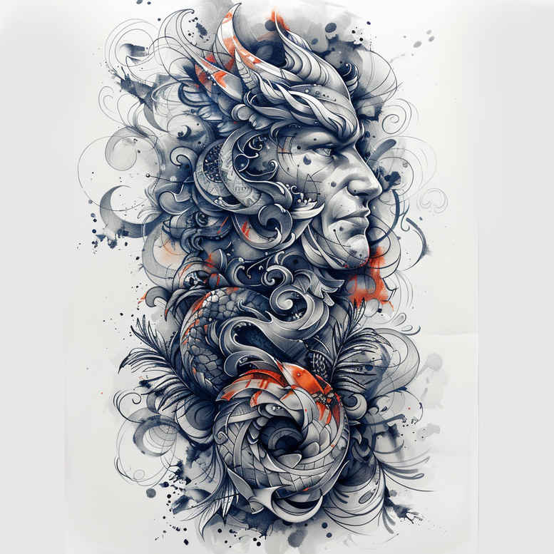 surrealism-motif-figure-tattoo – tattoo design ideas free ai generated – foreboding – for-outer-arm – Gallery: surrealistic-characters-inkby-ai