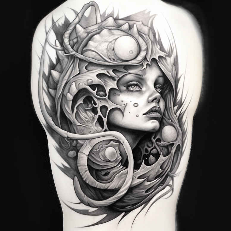 surrealism-tattoo – tattoo design ideas free ai generated – horror – for-side-torso – Gallery: surrealistic-characters-inkby-ai