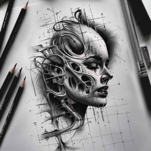 wavy-figure-tattoo – tattoo design ideas free ai generated – decaying – for-lower-thigh – Gallery: surrealistic-characters-inkby-ai