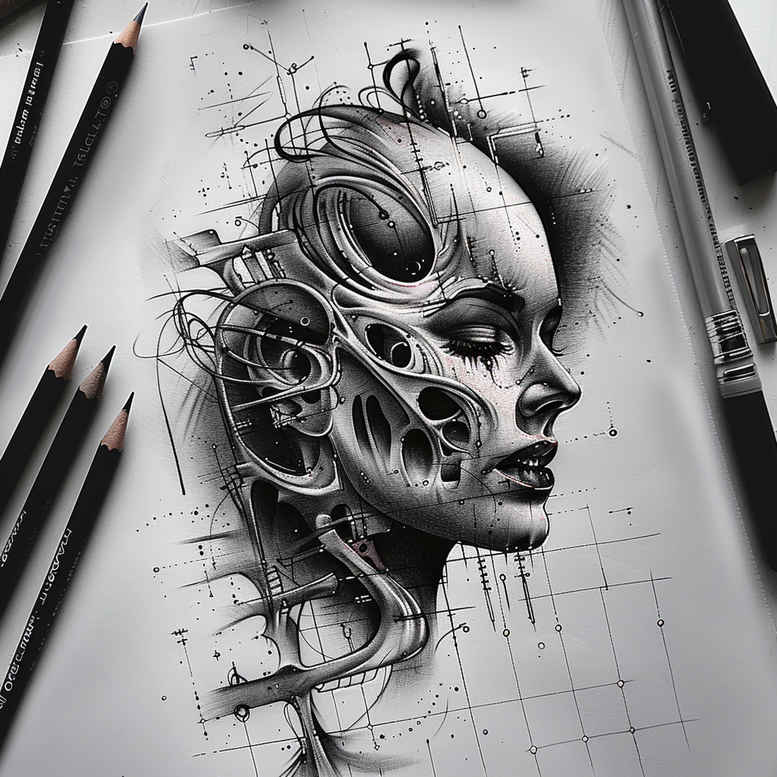 wavy-figure-tattoo – tattoo design ideas free ai generated – decaying – for-lower-thigh – Gallery: surrealistic-characters-inkby-ai