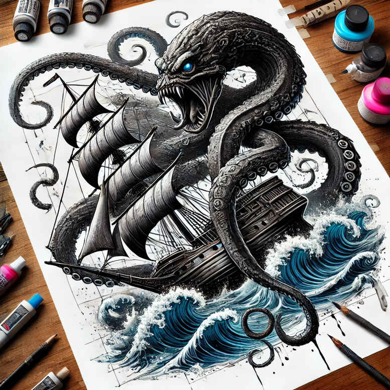 marine-animals-with-mystical-symbol-neotraditional-classic-motifs-for-sternum – tattoo design ideas free ai generated – Gallery: water-animals-inkby-ai
