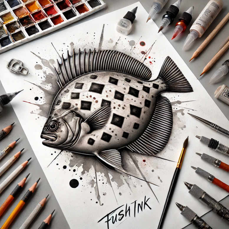 Black and grey fish tattoo design with geometric patchwork body, surrounding pencils, brush, ink bottle, and paper; cover-up-ready project concept.