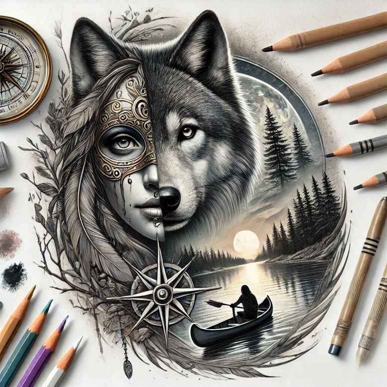 battle-motif-wolf-tattoo – tattoo design ideas free ai generated – neotraditional-color-richness – for-lower-thigh – Gallery: wolves-inkby-ai