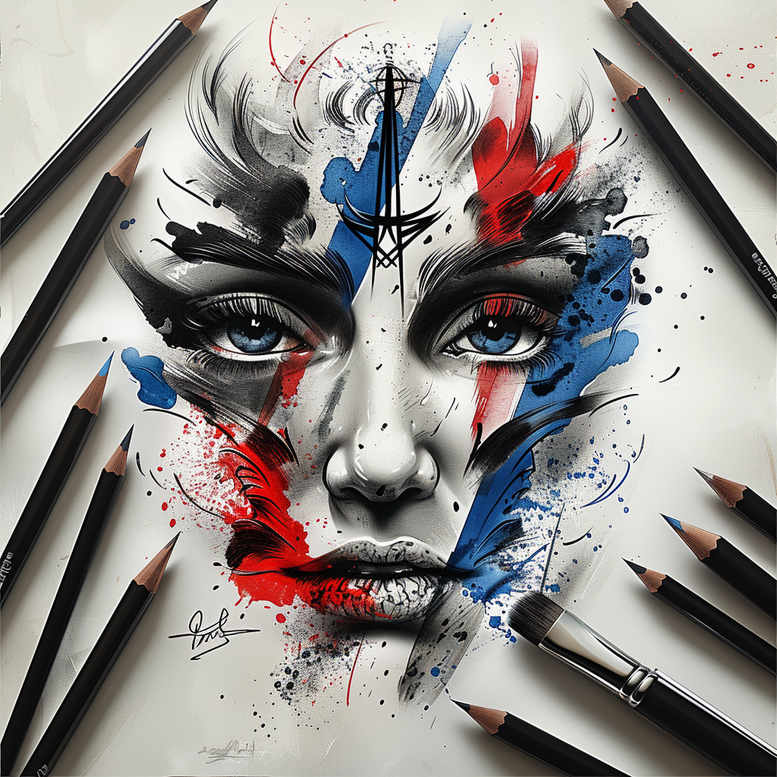 Face portrait with blue and red paint splashes, bold black shading, and pencils around; AI-generated tattoo project, cover-up ready.
