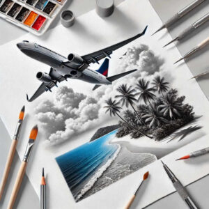 Airplane, palm tree, island, ocean, and cloud in a black-and-grey tattoo design idea; not specifically a cover-up.