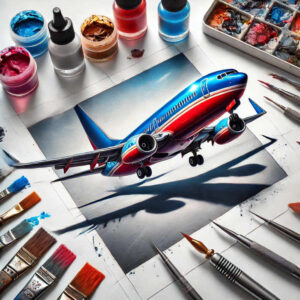 Airplane painting on a white sheet in a bright studio, featuring blue, red, and white tones; surrounding palette, paint bottles, and brushes; color illustration; project idea for a tattoo design; not a cover-up.