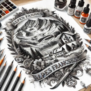 Black and grey alpine landscape tattoo with mountains, pine trees, houses, a flower, and ornate banner; AI-generated tattoo project; suitable for cover-up.