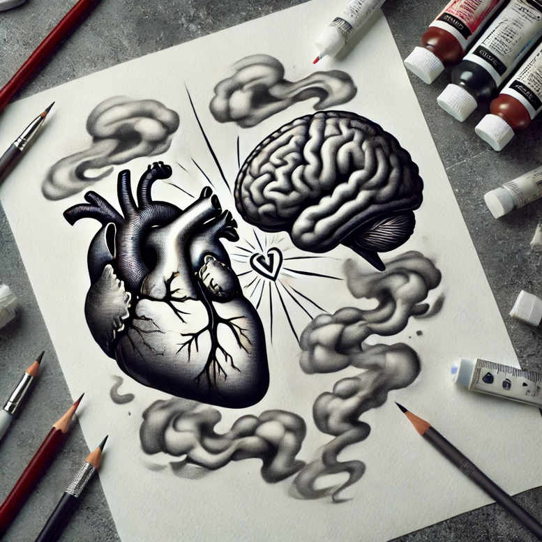 Heart, brain, and clouds in black and grey; AI-generated tattoo project, suitable for cover-up.