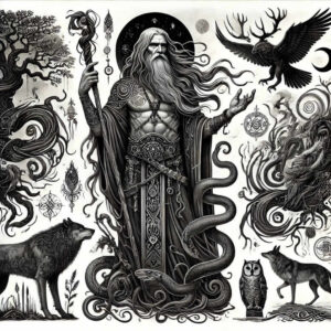 Wizard in flowing black and grey robes with serpent, wolf, owl, and raven; tattoo design concept; cover-up suitable.