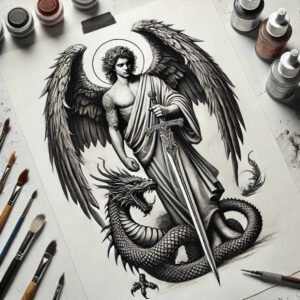Angel with detailed wings and halo, gripping a sword, dragon coiled at its base, black and grey tattoo design; AI-generated tattoo project; suitable for cover-up.