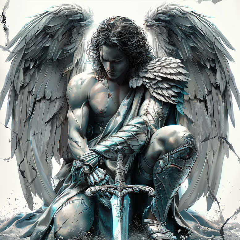Angel with wing, sword, armor, and cloak in black and grey; tattoo project idea; cover-up.