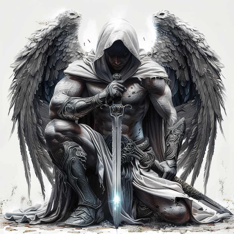 Dark armored angel kneels with large black wings, a glowing blue sword, in black and grey ink for a cover-up.