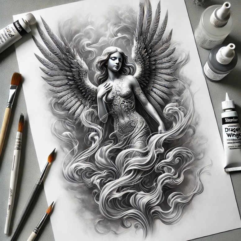 Angel with large wings in black and grey shading; flowing robe; pencil, gloved hand, and bottle visible; tattoo design concept, cover-up-ready, AI-generated tattoo project.