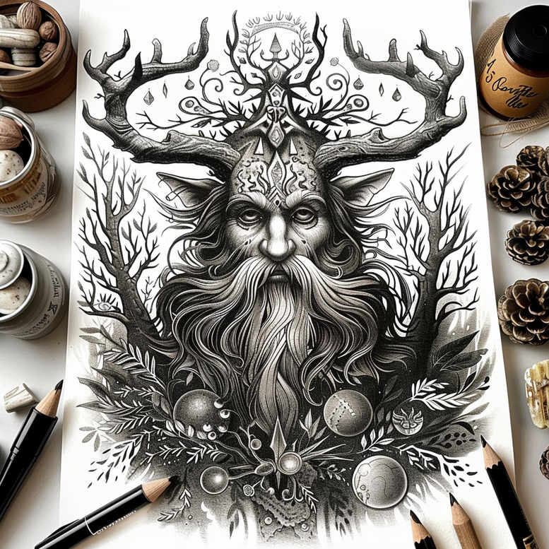 Dark black and grey tattoo design featuring a horned forest god with antlers and branching crown, surrounded by orbs; AI-generated concept for a Slavic-inspired mythological figure; cover-up suitable.