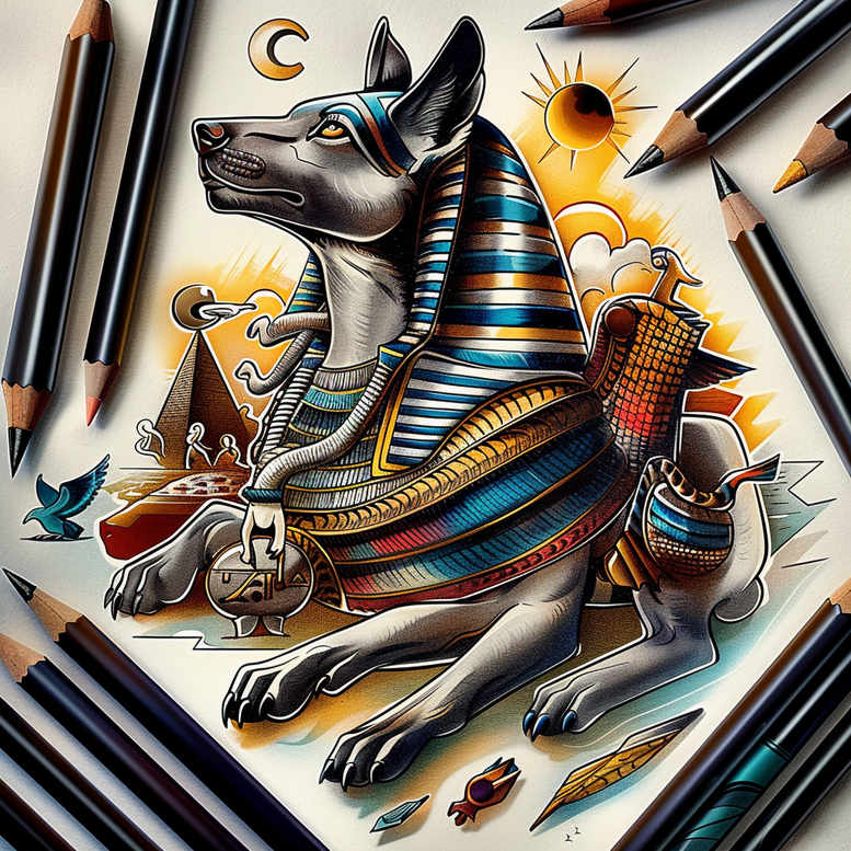 A vivid color tattoo concept depicting an Anubis-like jackal wearing a blue-striped headdress and ornate armor, set against pyramids and a radiant sun; concept artwork for tattoo design.